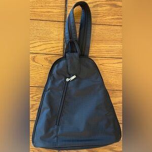 EUC baggallini Metro Convertible Backpack Sling, black/taupe interior
